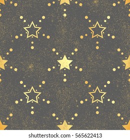 Gold star seamless pattern. Abstract black modern seamless pattern with gold confetti stars. Shiny background. Texture of gold foil.