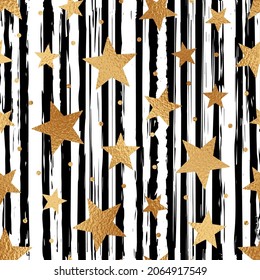 Gold Star Seamless Pattern. Repeated Scatter Golden Stars Pattern. Random Golded Star With Black Stripes. Glitter Patern Printed. Sparkle Foil Background. Repeating Bling Printing. Vector Illustration