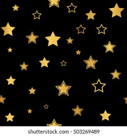 Gold Star seamless pattern. Yellow and Black retro background. Chaotic elements. Abstract geometric shape texture. Effect of sky. Design template for wallpaper, wrapping, textile. Vector Illustration