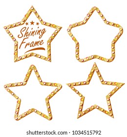 Gold Star Set Vector. Vintage Shine Lamp Star Frame. 3D Glowing Billboard. Vintage Illuminated Neon Light. Carnival, Circus, Casino Style. Isolated Illustration
