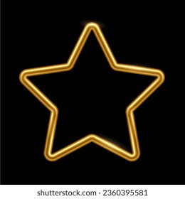 Gold star shape frame. Blank space, 3d realistic tube template for ranking or rating vector illustration. Simple golden object mockup isolated on black background.