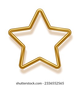 Gold star shape frame with shadow on white background. Blank space, 3d realistic tube template for ranking or rating vector illustration. Simple golden object mockup isolated on white background.