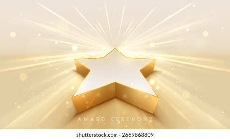 Podio en forma de estrella dorada con decoración de movimiento de luz de neón y efecto bokeh. Concepto de diseño de fondo de lujo para el Anuncio de productos de gama alta o ceremonia de premios.