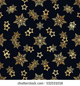 Gold Star and Gold Snowflake Seamless Pattern. seamless pattern with gold confetti stars and snowflake. Vector illustration. Shiny background. Luxury seamless pattern with gold snowflakes and stars