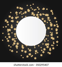 Gold star sparkles on black background with white round copy space in center. Glitter gold foil dust for banner cards and celebration background.