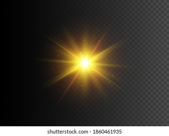 Gold star with sparkles. Vector transparent glow light effect. 
