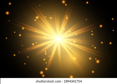 Gold star with sparkles. Vector transparent glow light effect.