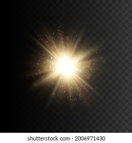 Gold star with sparkles. Vector transparent glow light effect. 