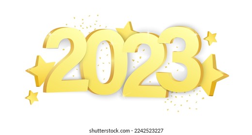 Gold star and toy with 2023 number isolated on a white background. New Year banner.