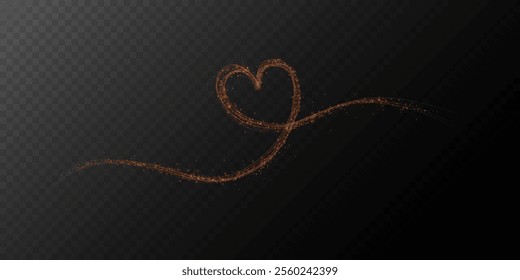 Gold star trail in the shape of a heart. Shimmering dust flying and leaving behind a heart-shaped trail. Bright dust particles glow with the special festive light of Christmas. Christmas card backgrou