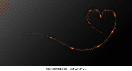 Gold star trail in the shape of a heart. Shimmering dust flying and leaving behind a heart-shaped trail. Bright dust particles glow with the special festive light of Christmas. Christmas card backgrou