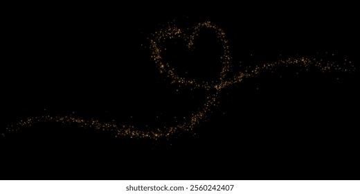 Gold star trail in the shape of a heart. Shimmering dust flying and leaving behind a heart-shaped trail. Bright dust particles glow with the special festive light of Christmas. Christmas card backgrou