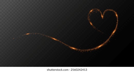 Gold star trail in the shape of a heart. Shimmering dust flying and leaving behind a heart-shaped trail. Bright dust particles glow with the special festive light of Christmas. Christmas card backgrou