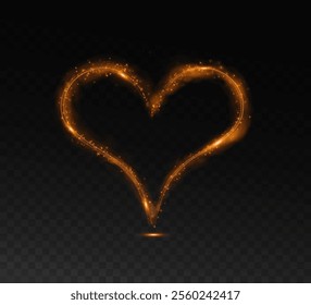 Gold star trail in the shape of a heart. Shimmering dust flying and leaving behind a heart-shaped trail. Bright dust particles glow with the special festive light of Christmas. Christmas card backgrou