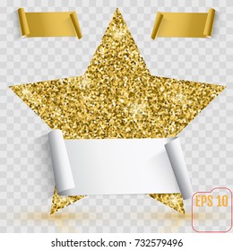 Gold star vector banner. Gold glitter. Template , card, vip, exclusive, certificate, gift luxury privilege voucher store present shopping. Postcard with a place for recording
