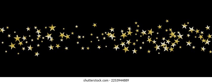 Gold Star Vector Black Panoramic Background. Party Shimmer Rain Banner. Glitter Vector Black Panoramic Background Design. Luxury Falling Sparkle Illustration.