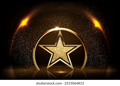 Gold star vector illustration. Abstract golden award platform with glowing rays, glitter confetti sparkle rain falling from above background for product presentation.