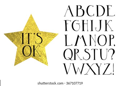 Gold star vector illustration. Hand drawn alphabet. It's ok. Lettering design. Vector geometric logo.