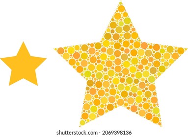 Gold star vector mosaic of round dots in different sizes and color tints. Round dots are grouped into gold star vector composition. Abstract vector design concept.
