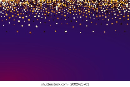 Gold Star Vector Purple Background. Golden Shimmer Universe Template. Sky Festive Illustration.  Sparkling Effect Space Wallpaper.