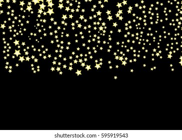 Gold Star Vector. Shine confetti pattern. Falling shiny stars. Golden shining Starry print. Starlit design. Simple dark starlet Background. Eps10.