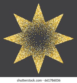 Gold Star vector. Shiny Golden star icon on black background. For banners, artwork, card,  postcards, holiday. Vector illustration EPS10. Square card and frame.