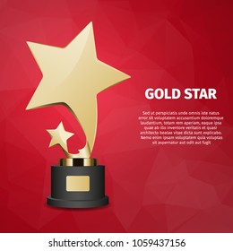 Gold star vector web banner with golden statuette. Shiny award realistic illustration on polygonal background. Prize for victory in competition