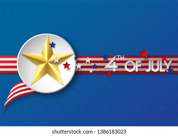 Gold star and white Shield of independence day usa celebration banner template . Vector. illustration.on Hexagon blue background.