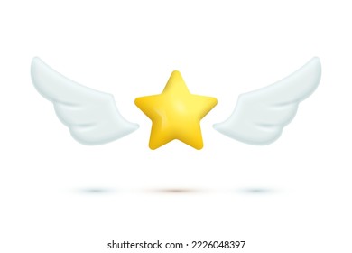 Gold star with wings, 3d icon vector illustration. Yellow flying object for game UI, abstract currency, finance and success symbol with shadows isolated on white background