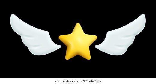 Gold star with wings, 3d icon vector illustration. Yellow flying object for game UI, abstract currency, finance and success symbol with shadows isolated on black background.
