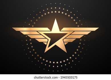 Gold star with wings on black background