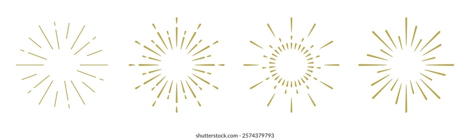 Gold starburst designs in a row. Starburst patterns radiate outward. Elegant gold starburst shapes create a dazzling effect. Starburst elements in gold. Festive elements, vector set.