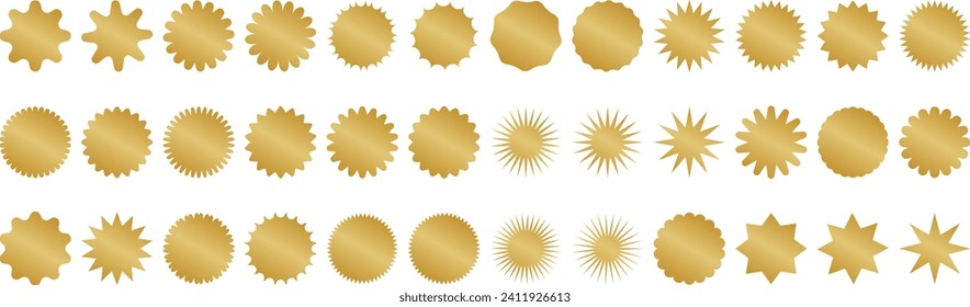 Gold starburst set, sticker shapes, sale or price tag or quality mark design, retro discount badge, sunray promotional clip art element collection