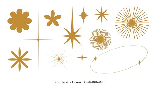 Gold starburst shapes, and abstract designs. Starburst motifs, gold starburst accents, and starburst decorations in various styles. Aesthetic elements vector set.