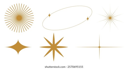 Gold starburst shapes, starburst designs, and starburst patterns. Elegant gold starburst elements. Aesthetic elements vector set.