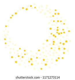 Gold  star-confetti fall on a white background. Illustration of flying shiny stars. Decorative element. Luxury background for your design, cards, invitations, gift, vip. 