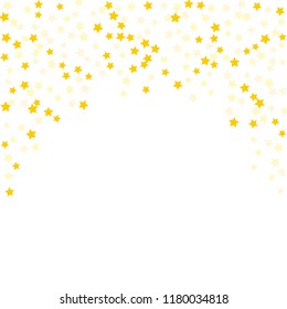 Gold  star-confetti fall on a white background. Illustration of flying shiny stars. Decorative element. Luxury background for your design, cards, invitations, gift, vip. 