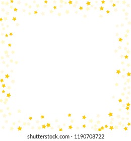 Gold  star-confetti fall on a white background. Illustration of flying shiny stars. Decorative element. Luxury background for your design, cards, invitations, gift, vip. 