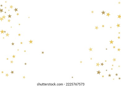Gold star-confetti fall on a white background. Illustration of flying shiny stars. Decorative element. Luxury background for your design, cards, invitations, gift, vip. 