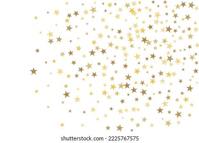 Gold star-confetti fall on a white background. Illustration of flying shiny stars. Decorative element. Luxury background for your design, cards, invitations, gift, vip. 