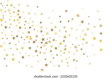 Gold star-confetti fall on a white background. Illustration of flying shiny stars. Decorative element. Luxury background for your design, cards, invitations, gift, vip. 