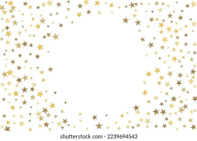 Gold star-confetti fall on a white background. Illustration of flying shiny stars. Decorative element. Luxury background for your design, cards, invitations, gift, vip. 