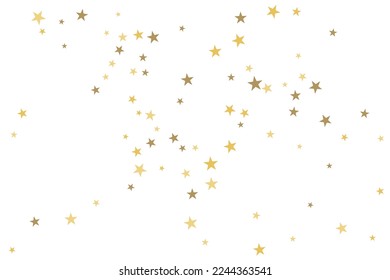 Gold star-confetti fall on a white background. Illustration of flying shiny stars. Decorative element. Luxury background for your design, cards, invitations, gift, vip. 