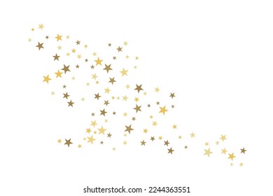 Gold star-confetti fall on a white background. Illustration of flying shiny stars. Decorative element. Luxury background for your design, cards, invitations, gift, vip. 