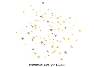 Gold star-confetti fall on a white background. Illustration of flying shiny stars. Decorative element. Luxury background for your design, cards, invitations, gift, vip. 