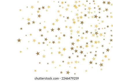 Gold star-confetti fall on a white background. Illustration of flying shiny stars. Decorative element. Luxury background for your design, cards, invitations, gift, vip. 