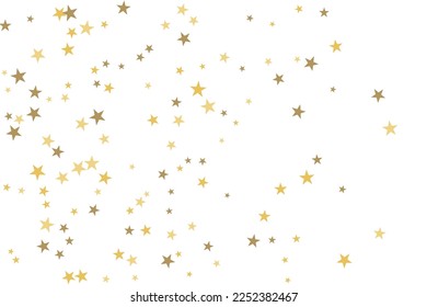 Gold star-confetti fall on a white background. Illustration of flying shiny stars. Decorative element. Luxury background for your design, cards, invitations, gift, vip. 