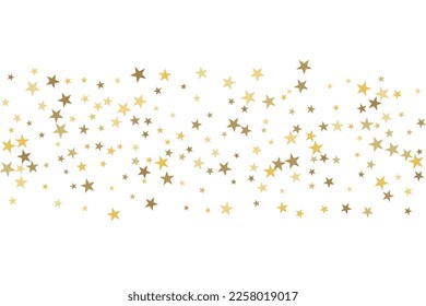 Gold star-confetti fall on a white background. Illustration of flying shiny stars. Decorative element. Luxury background for your design, cards, invitations, gift, vip. 