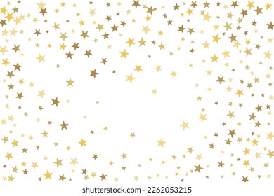 Gold star-confetti fall on a white background. Illustration of flying shiny stars. Decorative element. Luxury background for your design, cards, invitations, gift, vip. 
