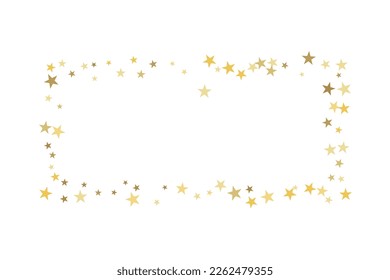 Gold star-confetti fall on a white background. Illustration of flying shiny stars. Decorative element. Luxury background for your design, cards, invitations, gift, vip. 